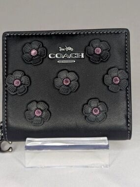 Coach Snap Wallet with Floral Applique - Black,  Pink Rivets, Gunmetal, NWT